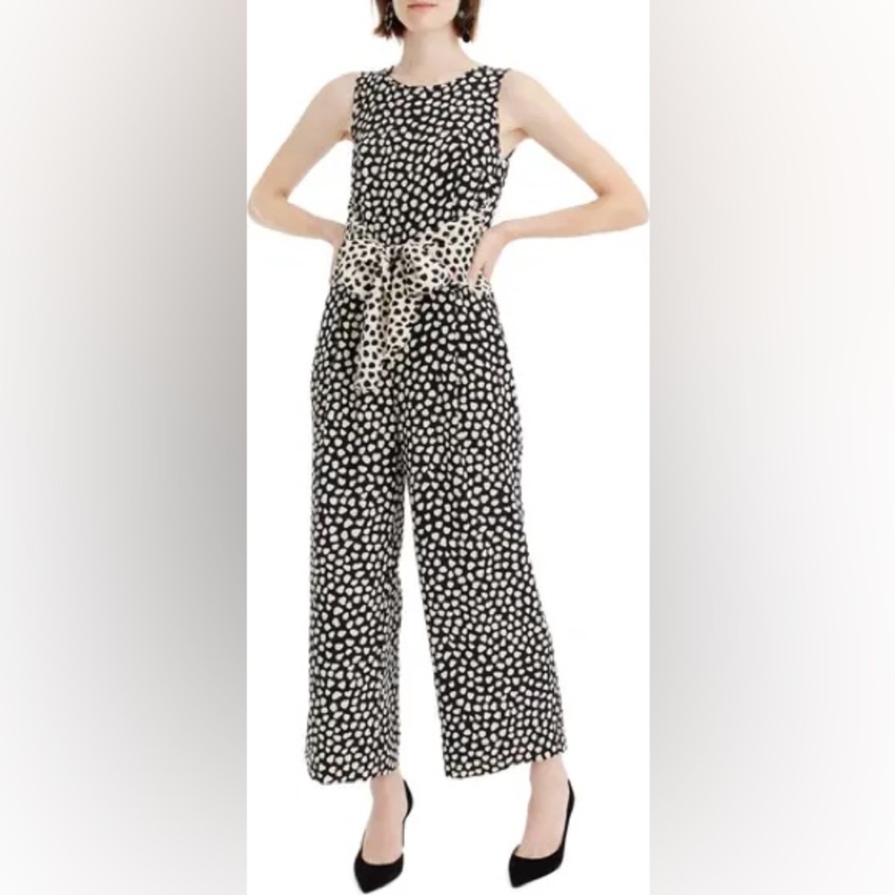 J. Crew Black White Polka Dot sleeveless cropped silk tie front jumpsuit petite